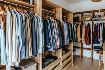 Stylish home wardrobe fashion aesthetic beauty thrifted clothing vintage modern luxury clothes garments room in apartment design lifestyle rack to choose dress hanging shirt pants jeans