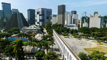 Aerial view of Carioca Aqueduct bridge and tall buildings in business district, Rio de Janeiro,...