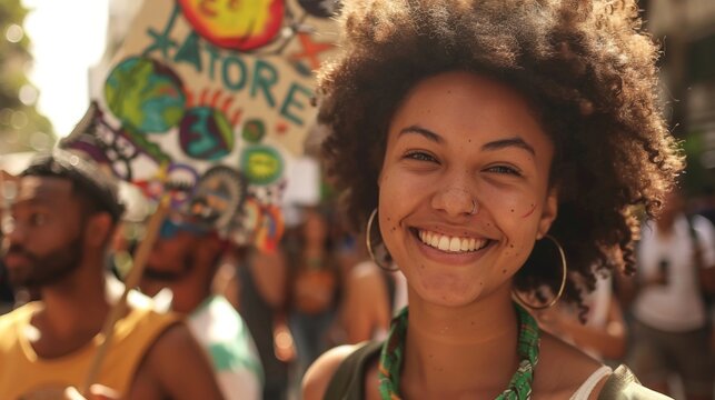Closeup of a young woman participating in a climate march in a developing city her passionate sign demanding climate justice for all. This image exemplifies the growing awareness and .