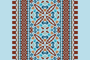Ethnic pixel geometric seamless pattern with paisley on beige background. Native oriental cross stitch knitting design for fabric, decoration, wallpaper, border decor, element, texture, textile, print