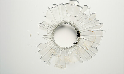 bullet hole in the glass creating cracks with a white background - obrazy, fototapety, plakaty