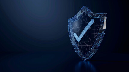 Secure technology. Polygonal wireframe shield with check mark sign on dark blue. AI generated image