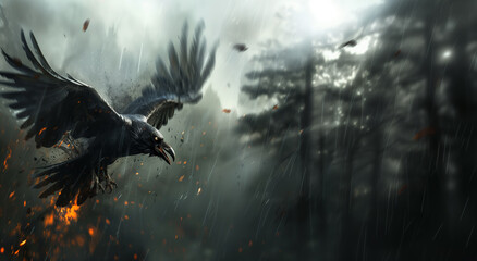 Illustration fantasy, flying raven