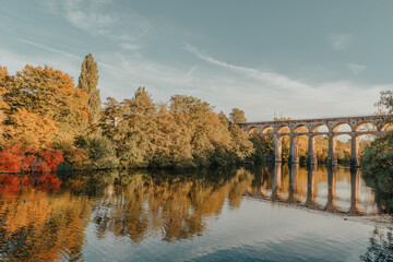 Railway Bridge with river in Bietigheim-Bissingen, Germany. Autumn. Railway viaduct over the Enz...