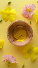 Primrose flower oil extract botanical natural ingredient on wooden bowl isolated background