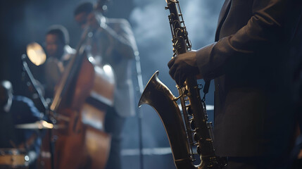 Live Jazz Music at a Festival. Saxophonist and Band Performing on Stage


