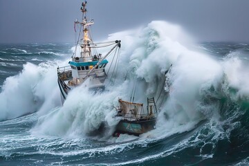 massive waves toss a crab fishing ship - obrazy, fototapety, plakaty