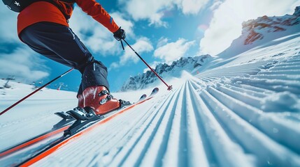 mountain skiing downhill, close up of skier on skis, concept of winter outdoor sport activities Olympic sports, active holiday vacations, - obrazy, fototapety, plakaty
