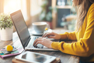 A closeup of hands typing on an open laptop, with coffee and digital tablet beside it on the wooden desk in front of bright window light