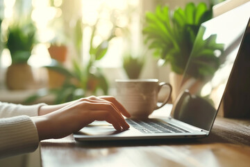 A closeup of hands typing on an open laptop, with coffee and digital tablet beside it on the wooden desk in front of bright window light