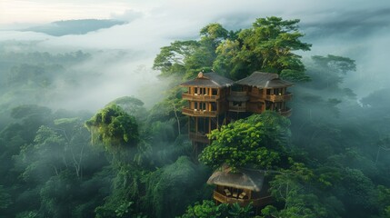  Amazing treehouse nestled high above the jungle canopy - obrazy, fototapety, plakaty