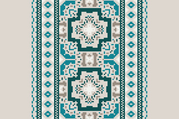 Ethnic pixel geometric seamless pattern with paisley on beige background. Native oriental cross stitch knitting design for fabric, decoration, wallpaper, border decor, element, texture, textile, print