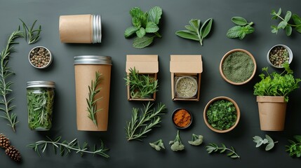 Flat lay of various herbs and spices on a dark background. - obrazy, fototapety, plakaty