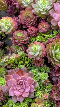 Overlooking angle, succulent, pink plants, covered, various succulent, green, tender and juicy, full, fresh, energetic