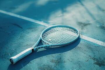 A clean shot of a tennis racket resting on a pristine court.
