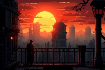 A man on a balcony at sunset, gazing at a city skyline bathed in warm light. Tranquil scene evokes peace and nostalgia, offering a spectacular view