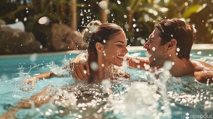 a couple in a pool splashing each other, fun, flirty - obrazy, fototapety, plakaty