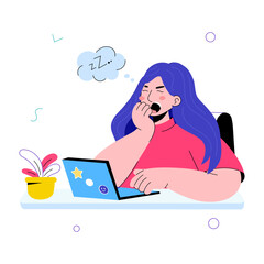 Working girl is yawning, doodle mini illustration 
