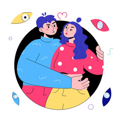 Couple doing public kissing, doodle mini illustration 