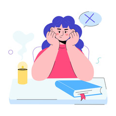 Tired girl resting elbows, doodle mini illustration 
