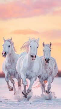 running white horses, pastel color background