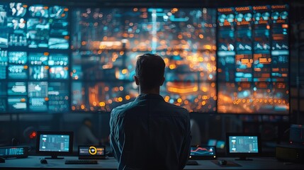 Engineer in a data center monitoring 5G network operations on multiple screens, showcasing backend technologies supporting 5G - obrazy, fototapety, plakaty