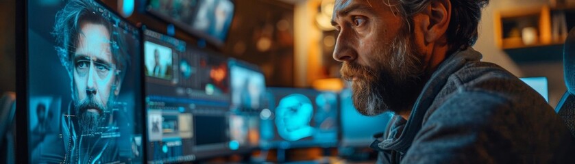 Filmmaker using deep fake technology to recreate historical figures for a documentary, working on a computer in a postproduction studio - obrazy, fototapety, plakaty