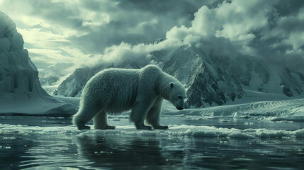 Polar bear on a shrinking ice floe, symbolizing the impact of global warming on wildlife, stark and emotive natural setting