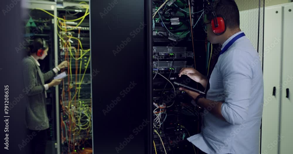 Poster People, tablet and inspection of server room, engineering cables and power solution or hardware problem solving. Electrician on technology, cybersecurity check and data center programming in basement