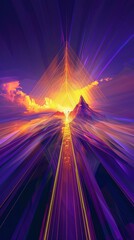 simple lines grow vertically into summit peak, Abstract art, positive energy, geometric parallel lines, dramatic light, purples, yellows - obrazy, fototapety, plakaty