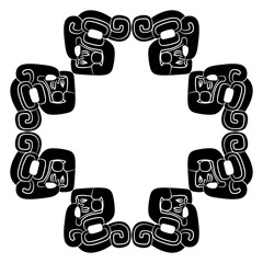 Geometrical ethnic frame with Mesoamerican motifs. Two heads of Mayan warriors wearing elaborate helmets. Indigenous Native American design. Black and white silhouette.