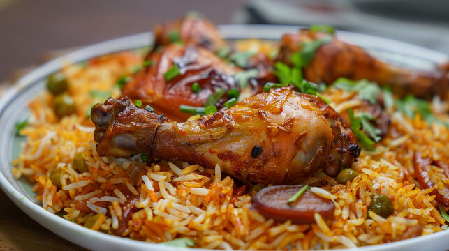 chicken biryani in a plate, meat with rice 
