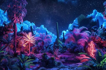 surrealism collage, cut and paste style scene illuminated by the soft neon glow of an EDM jungle against the backdrop of a starry night sky