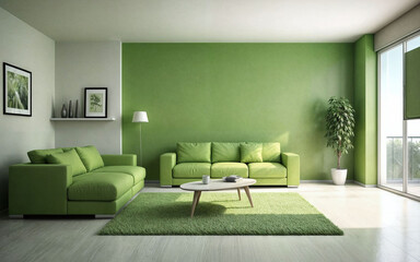 modern interior design living room mockup sofa table couch windows furniture green and white tone
