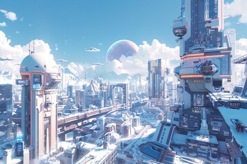 A futuristic metropolis bustling with VR-run businesses and sleek robots Capture the essence of Birds-eye view technology with a digital rendering, focusing on the intricate city background - obrazy, fototapety, plakaty