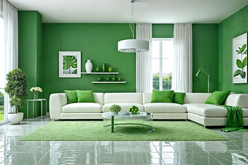 modern interior design living room mockup sofa table couch windows furniture green and white tone