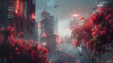 Capture a futuristic robot delivering a bouquet of neon flowers amidst skyscrapers at dusk, using photorealistic digital rendering techniques
