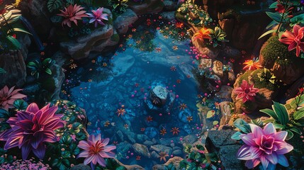 Capture a dreamlike garden scene from above using digital 3D rendering, playing with distorted perspectives and vibrant, otherworldly colors