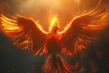 Bring a mythical phoenix to life in a modern and striking manner from behind, utilizing unexpected angles and a sleek, minimalist approach with digital rendering techniques