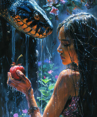 Eve tempted by the snake in the garden of Eden, holding a picked apple