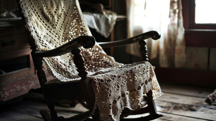 The worn handcarved wooden rocking chair sat in the corner of the cabin adorned with a crocheted lace throw giving a sense of comfort amidst the eerie atmosphere. .