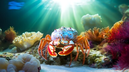 Obraz premium A beautiful close up of a red crab on a coral reef with the sun