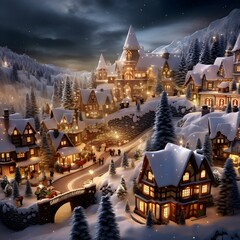 Winter village in the mountains at night. Christmas and New Year background.