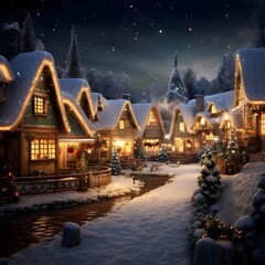 Beautiful Christmas village with snow covered houses in a winter night.