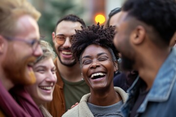 Group of diverse friends having fun together in the street, laughing and having fun