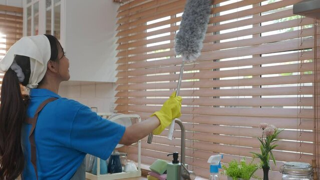 Portrait of a smiling Asian woman cleaning window blinds. She stands duster in hand enjoying her routine housework. Modern cleaning occupation ensuring hygiene and cleanliness. whisk