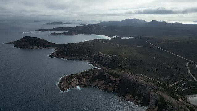Aerial view of Cape Le Grand national Park with coastline during cloudy day ion Western Australia. Wide shot.