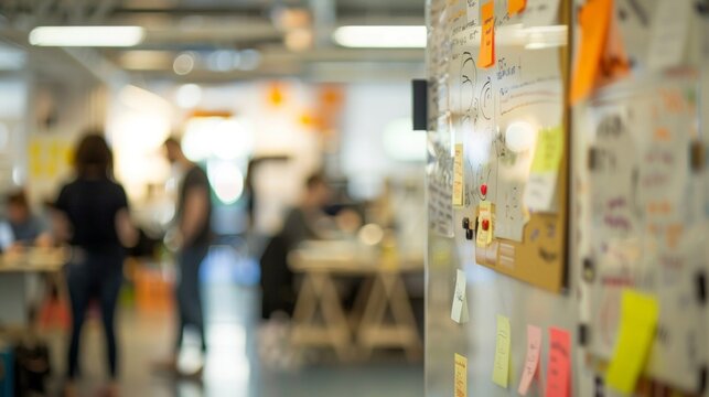 The blurred backdrop of The Idea Lab in a creative agency captures the essence of creativity and collaboration as passionate employees gather around whiteboards and sticky notes to .
