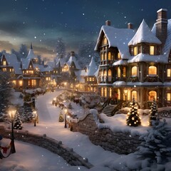 Fantasy winter village with snow covered trees and houses at night.