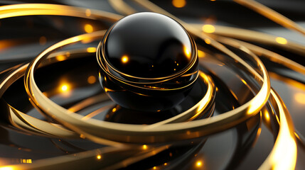 abstract background black ball and golden rings 3d wallpaper, modern business background 